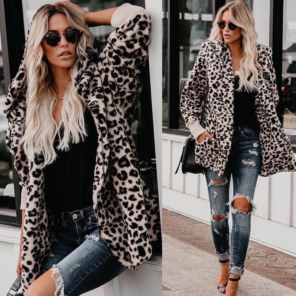 Women Leopard hooded jacket plush warm fuzzy jacket - Picture 4 of 7